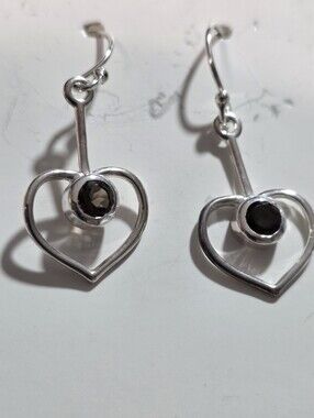Silver Heart Drop Earrings with Smokey Quartz Stones